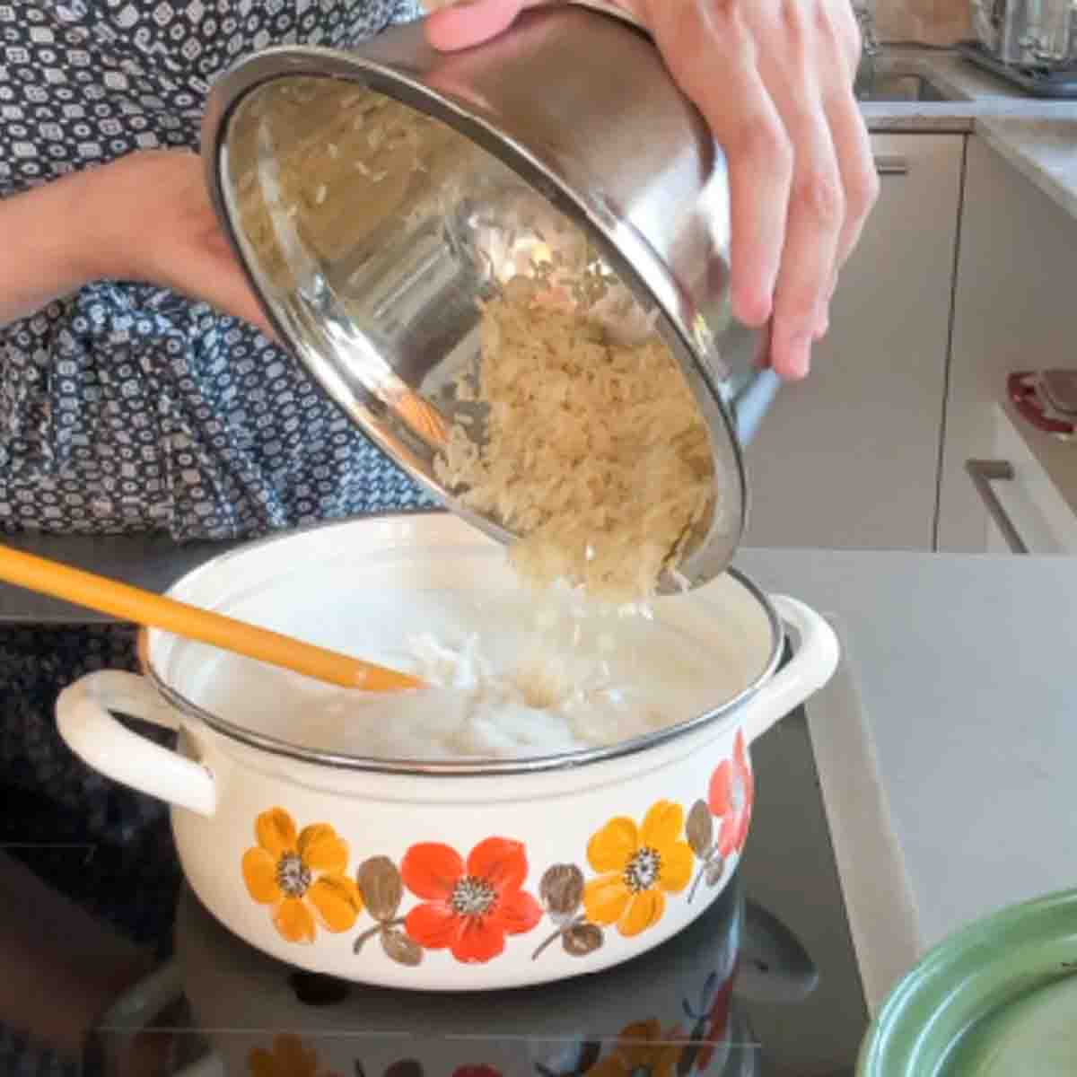 Baked rice pudding instructions: Cook rice in milk.